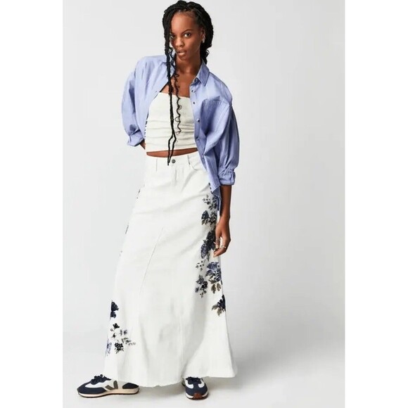 Free People X Driftwood Bluebell Fleur White Floral Embroidery Maxi Skirt Sz 27 - Picture 2 of 12